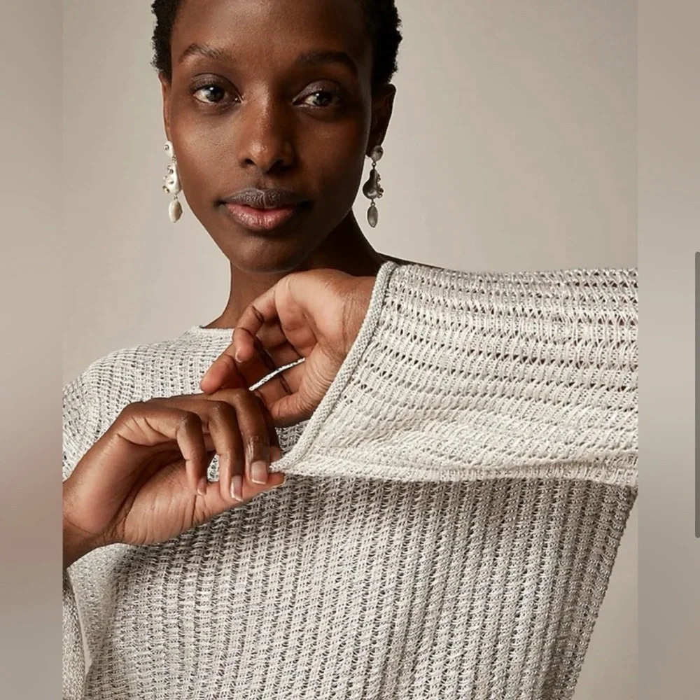 NWT J. Crew Collection Metallic Open Weave Long Sleeve Sweater Dress in‎ Silver.